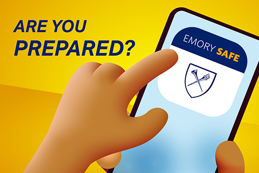Graphic that says "Are you prepared?" next to a phone with the Emory Safe App icon